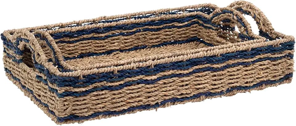 Boston International Seagrass and Navy Decorative Serving Trays, Set of 2, 17.75" and 15.25"