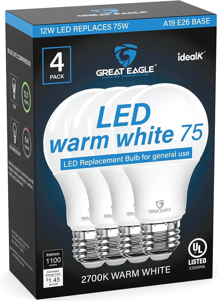 Great Eagle A19 Led Bulbs 75 Watt Equivalent - UL Listed - Warm White 2700K 75 Watt Led Light Bulbs - Non Dimmable - Standard Replacement (4 Pack)