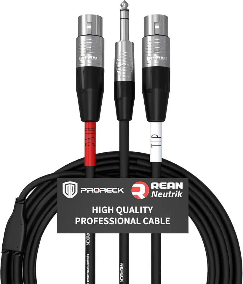 PRORECK 10FT Y-Splitter Stereo Breakout Cable – 1/4" Stereo TRS to Dual Mono XLR Female, Neutrik Rean Connectors, 25 AWG, Ideal for Stage, Studio, and Live Sound Applications(PR-TRS-2XLRF/10FT)