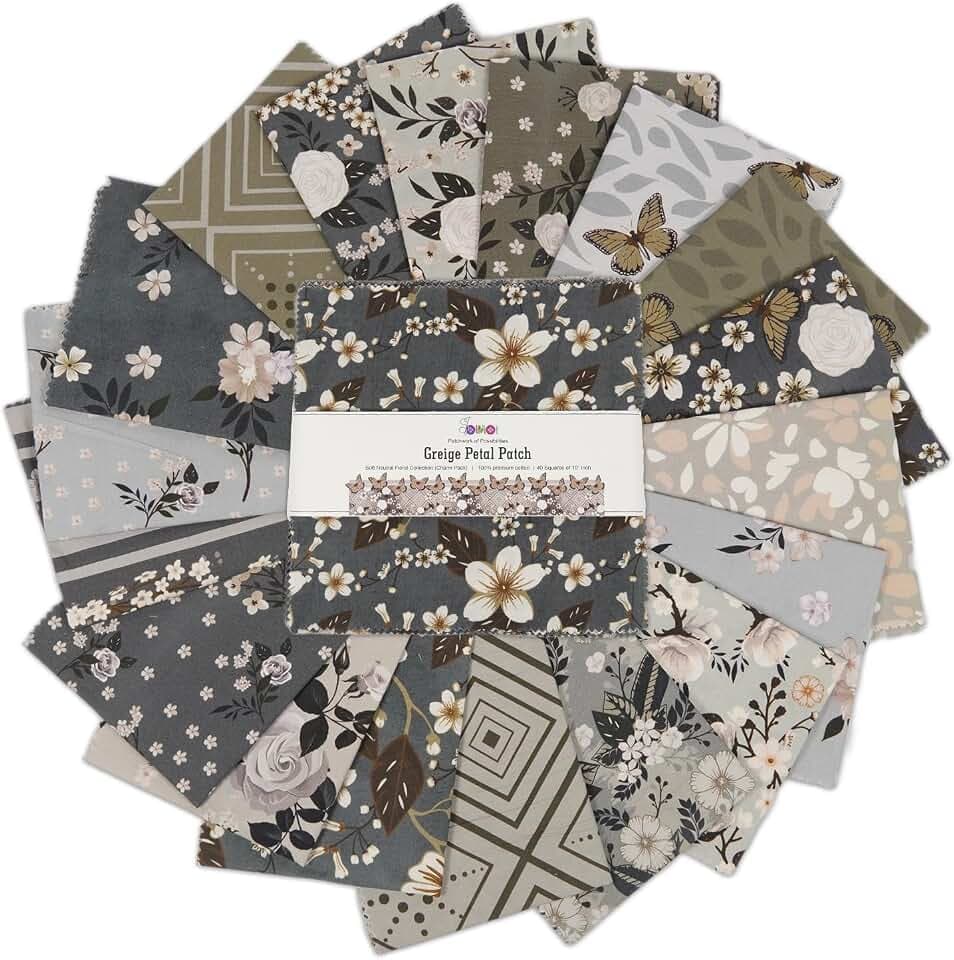 Soimoi 40 Stück 10 x 10 Zoll bedruckte Quiltstoffe, vorgeschnitten, Baumwollstoffquadrate, bedruckte Layer Cakes Patchwork-Materialien für Bastelarbeiten, Charm Squares für Quilts - Greige Petal Patch