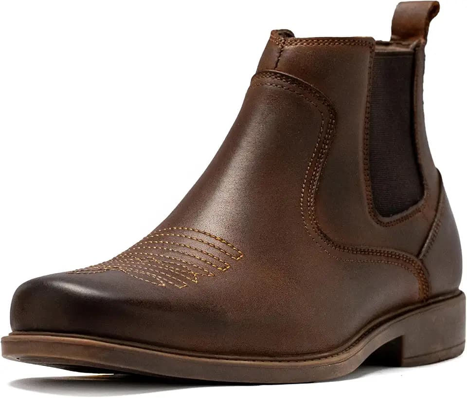 ArcBrothers Men's Square Toe Leather Cowboy Ankle Boots，Coffee,9.5