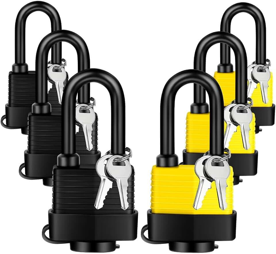 Waterproof Padlocks Keyed Alike for Outdoor Use, Covered Heavy Duty Laminated Steel Lock, Weatherproof Pad Lovk with Same Key for Gate Fence Storage Gym Locker Shed Truck (3 Yellow/3 Black)