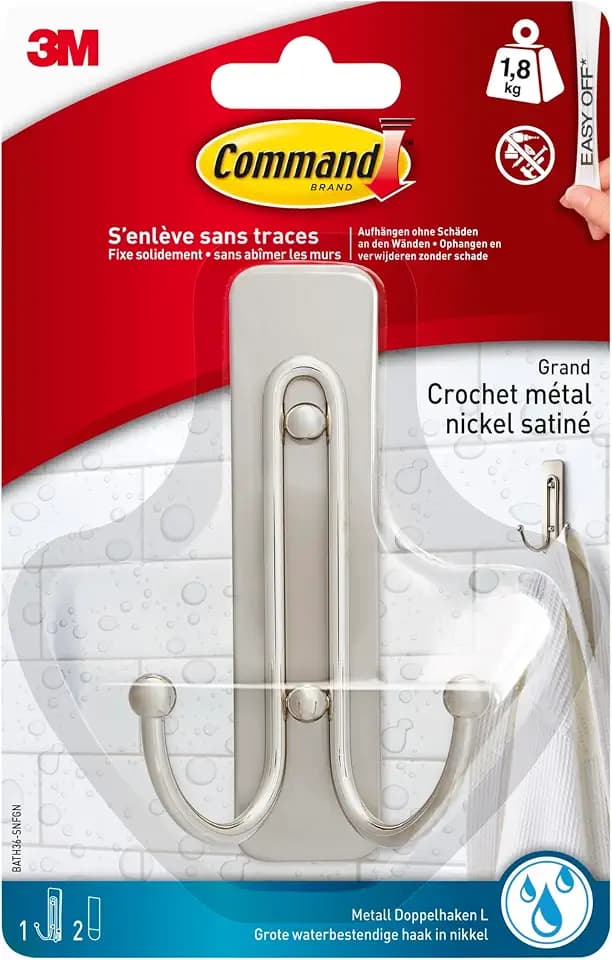 Command Badezimmer Doppelhaken, Satin Nickel, Groß, 1 Haken und 2 Große Strips, - Organisieren ohne Löcher und Bohren - Haltekraft bis zu 1,8 kg