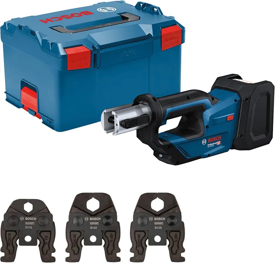 Bosch PRO 18V System Akku Presswerkzeug GPT 18V-19 (19 kN Kraft, um 360° drehbarer Kopf, inkl. Pressbacke Comp. SV15, SV22, SV28, L-BOXX)