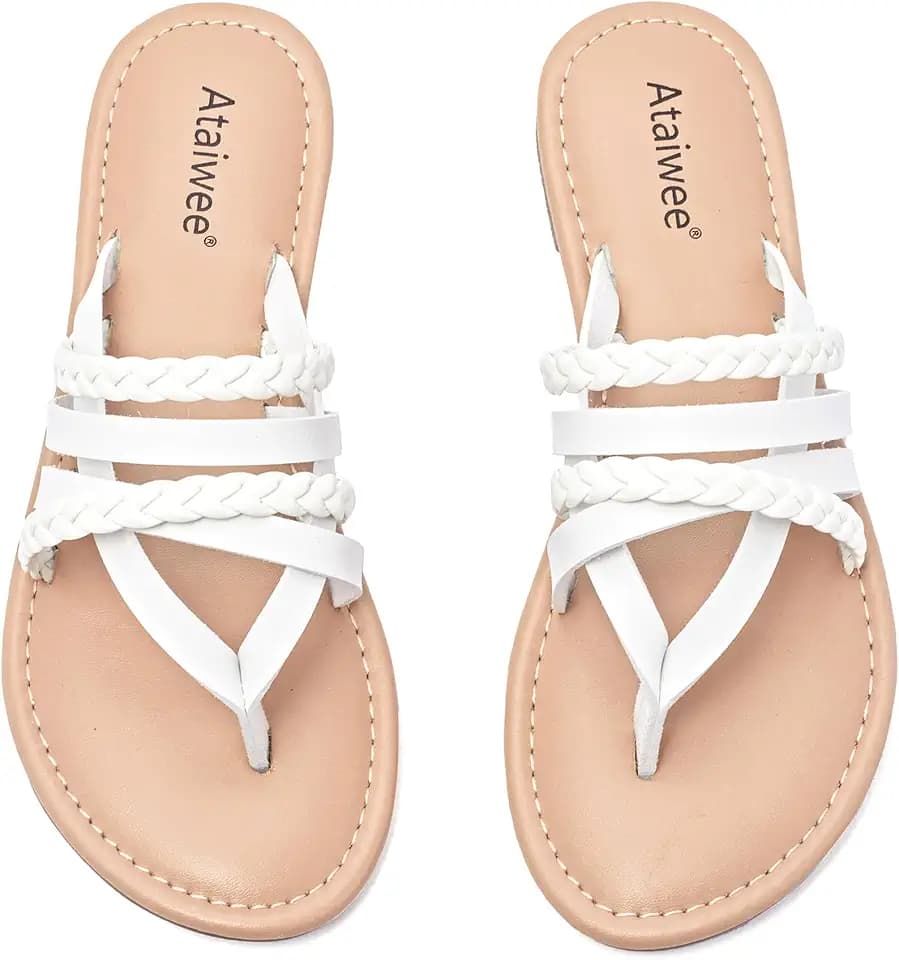 Ataiwee Womens Wide Slide Sandals - Slip On Casual Comfortable Leather Cross Strtap Open Toe Girls Summer Shoes.