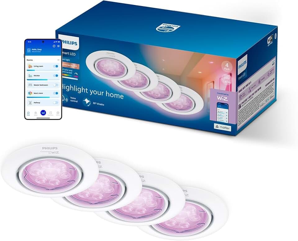Philips Smart Lighting GU10-Deckenleuchten-Set, 4er-Pack, Weiß und Farbe Einstellbar, Komplettlösung, Schwenkbarer Kopf, Dimmbar, App-Steuerung, Sprachsteuerung, Weiß