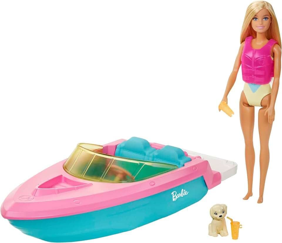 Barbie Puppe und Boot Spielset | mit Hundewelpe, Schwimmweste und Zubehör, für 3 Puppen, schwimmt, Geschenk für 3–7-Jährige, GRG30