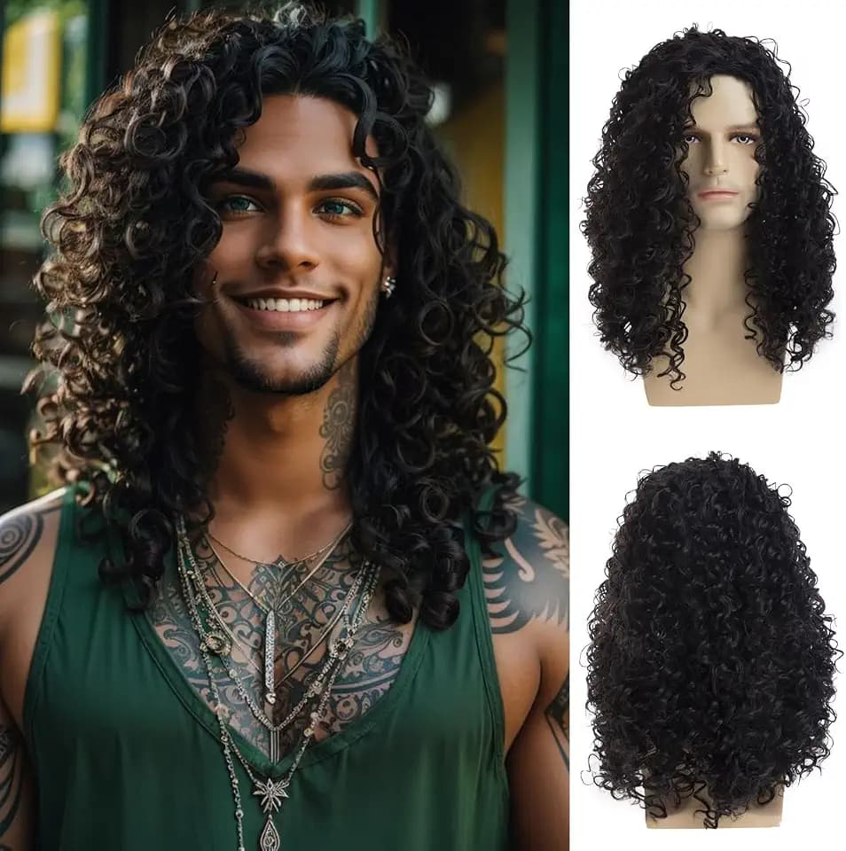 Long Curly Black Wigs for Men Halloween Costume Party Wig