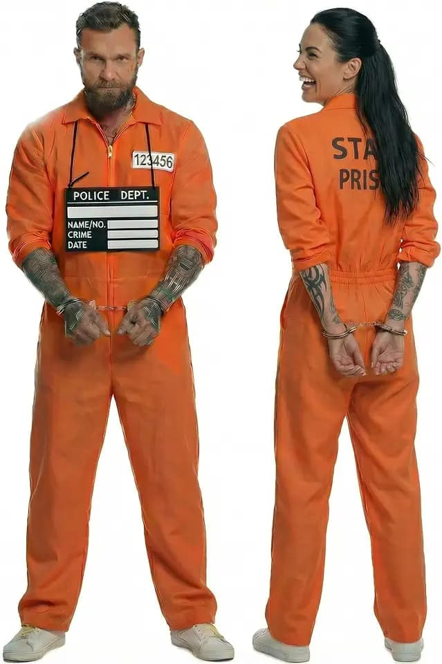 Gefängnis Kostüm Orange,Häftling Kostüm Herren Damen,Prisoner Costume Knast Pärchen Orangener Overall mit Sträfling Accessoires,Handschellen & Namensschild,Gefangener Verkleidung für Karneval Cosplay