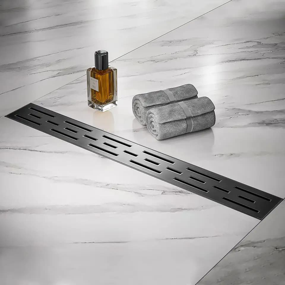 Linear Shower Drain, Matte Black Shower Drain 32 Inch with Removable Grate, SUS-304 Stainless Steel Rectangle Floor Drain with Leveling Feet and Hair Strainer, Bathroom Modern Drain SD-101