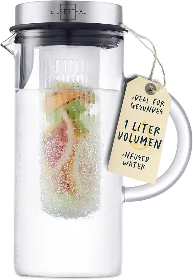 SILBERTHAL Glaskaraffe mit Deckel - 1 Liter Karaffe mit Fruchtsieb