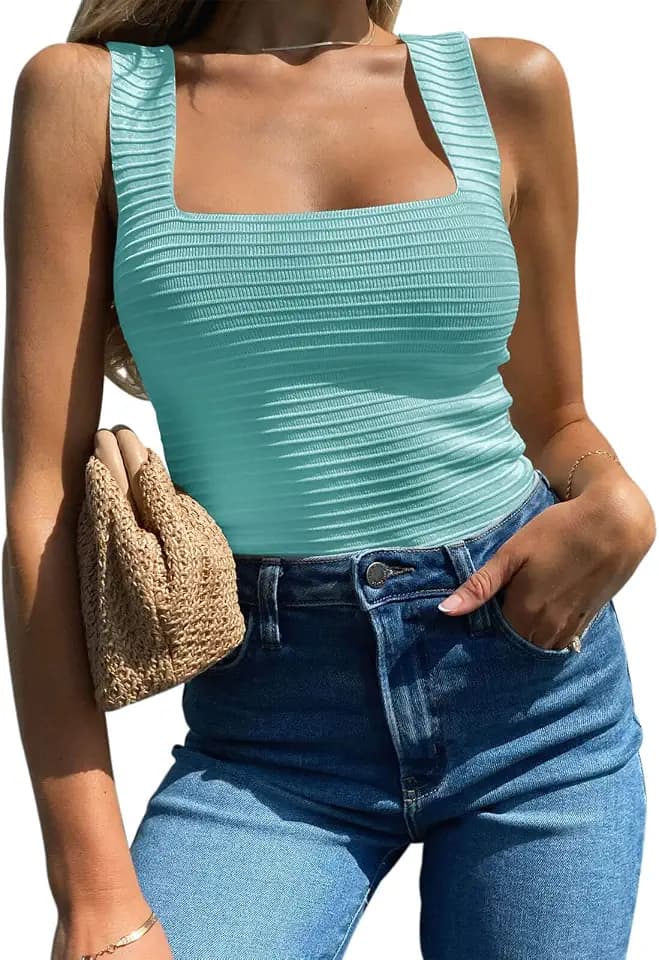 BZB Womens Ribbed Tank Tops 2026 Summer Sleeveless Square Neck Shirts Casual Slim Fitted Knit Shirts