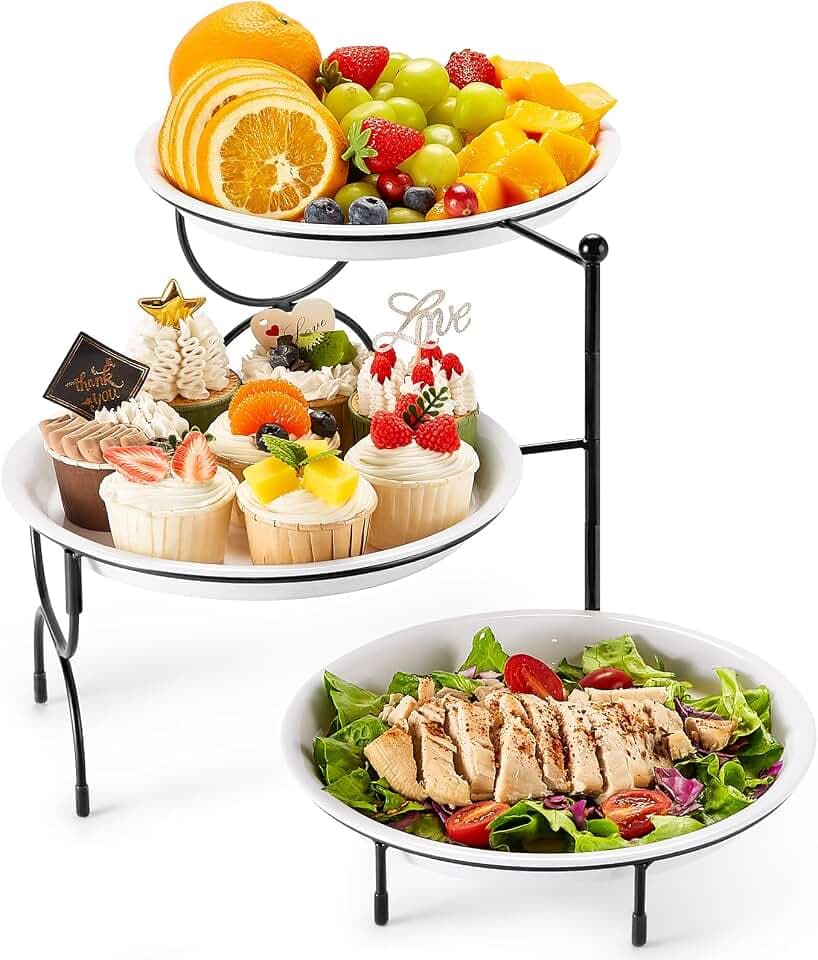 Lifewit Etagere 3 Etagen mit 25 cm/10" Runden Servierplatte, Drehbar Kunststoff Serviertablett mit Klappbarem Metallregal, Buffet Party Zubehör für Speisen Snack Gemüse Obst Kekse Desserts, Schwarz