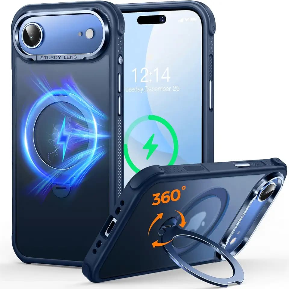 360° Spin Magnetic Stand Designed for iPhone Air Case, [Compatible with MagSafe][Military-Grade Protection] Translucent Matte Kickstand Slim Phone Case for iPhone 17 Air 6.5 inch, Matte Blue