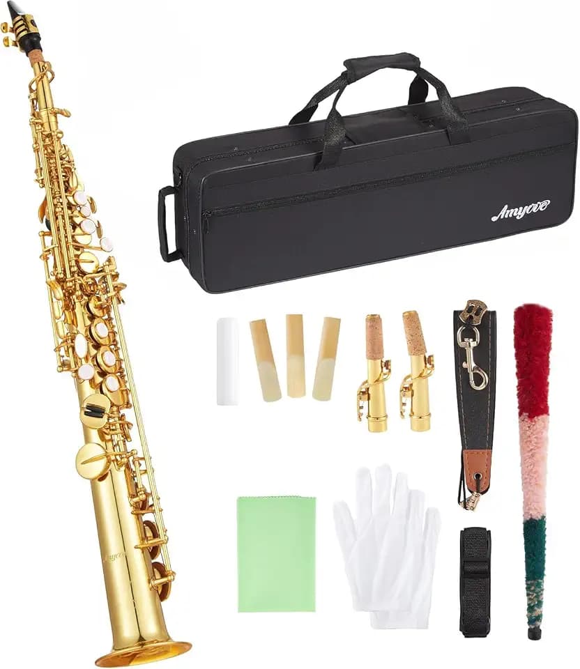 Soprano Saxophone Straight Gold Laquer Sax Instruments for Beginners Students Intermediate Players with Carrying Case,Brass Saxophone Kit
