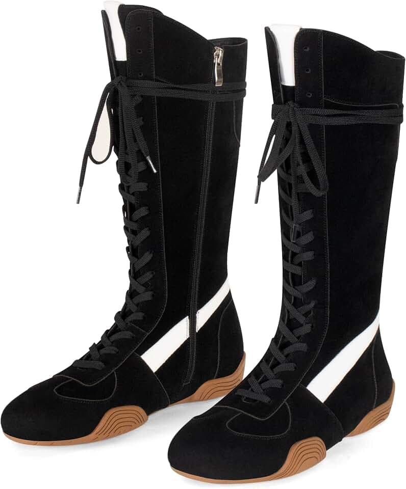 LACIKOSZ Women’s Suede Lace Up Tall Boxing Boots Knee High Retro Dance Streetwear Sneakers with Side Zipper Flexible Non-Slip Sole