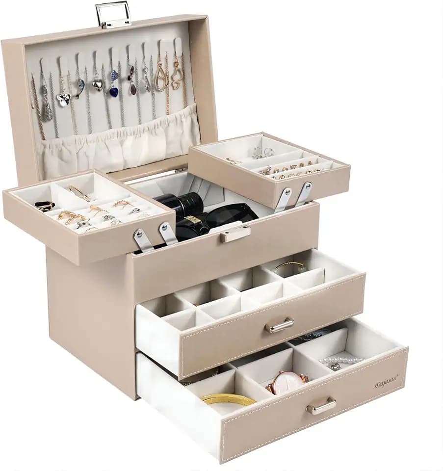 Dajasan Schmuckkästchen, Schmuckaufbewahrung, 4 Ebenen Schmuckschatulle mit 2 Schubladen, Groß Schmuckbox für Schminktisch, Modern, Geschenk für Frauen & Mädchen (Champagnerfarbe)
