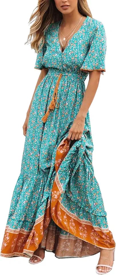 R.Vivimos Womens Summer V Neck Floral Print Boho Midi Dress