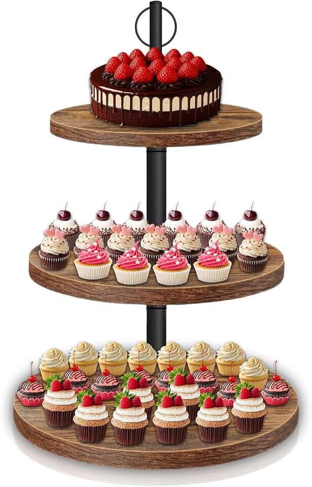 3-stöckiger Kuchenständer, Großer Cupcake Ständer Ø 20.06cm Ø24.89cm Ø29.97cm, Etagere 3 Etagen aus Holz, Muffins, Kuchen Obst Kekse Süßigkeiten Servierplatte, für Party Geburtstagsparty Baby Duschen