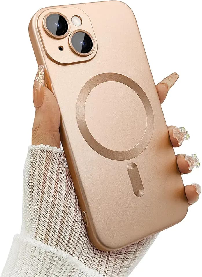 ankofave Magnetic Case for iPhone 15 Phone Case for Women, Matte Luxury Soft Metallic Luster Design with Camera Lens Protector, Compatible with Magsafe Case for iPhone 15 6.1"-Champagne Gold
