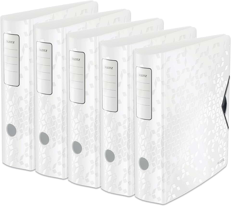 Leitz Qualitäts-Ordner 180° Active WOW, 5er Pack, A4, Breit, Abgerundeter Rücken, 8,2 cm breit, Gummibandverschluss, Leichtes Polyfoam, Plastik-Ordner, WOW Serie, Weiß, 11060001