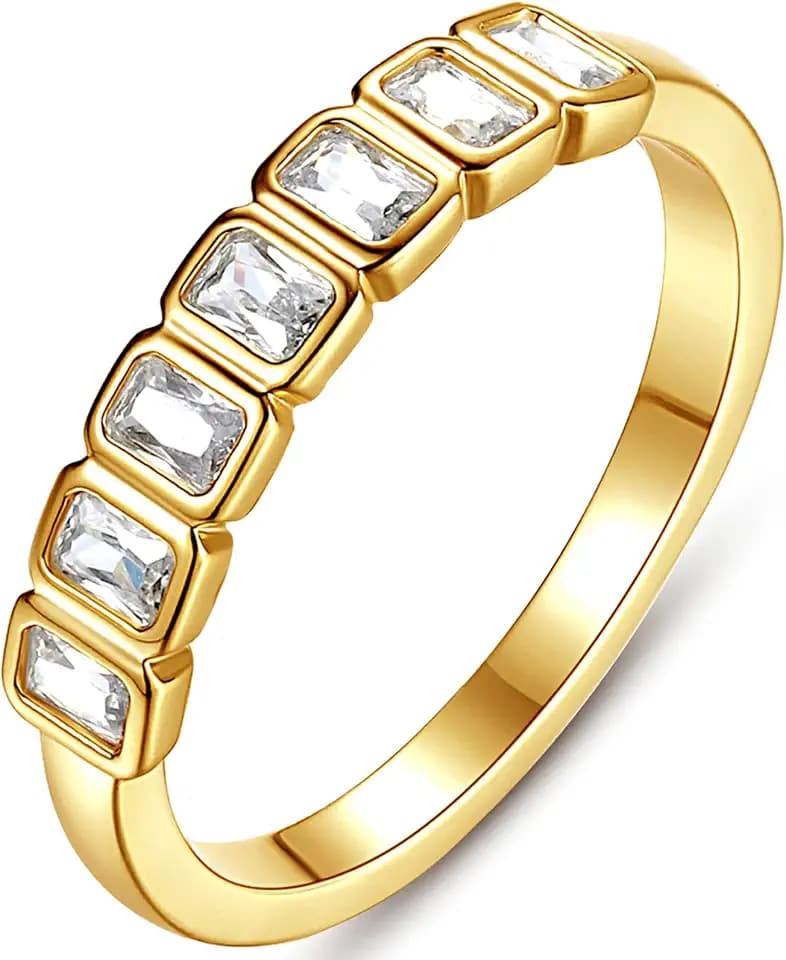 espere Emerald Cut Bezel Set CZ Halfway Eternity Band | 7 Stone Wedding Anniversary Band Bridal Set