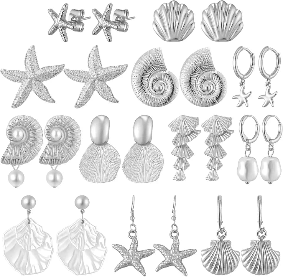 Tondiamo 12 Pairs Seashell Conch Starfish Stud Earring Ocean Themed Drop Dangle Earring for Women Nautical Beach Jewelry Gift