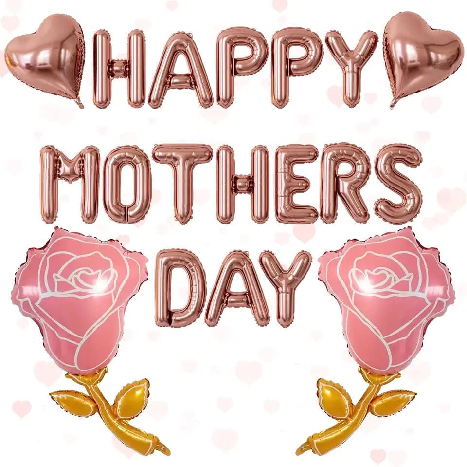 Happy Mothers Day Balloons Banner with Heart, Rose Balloons, Gifts for Mom
