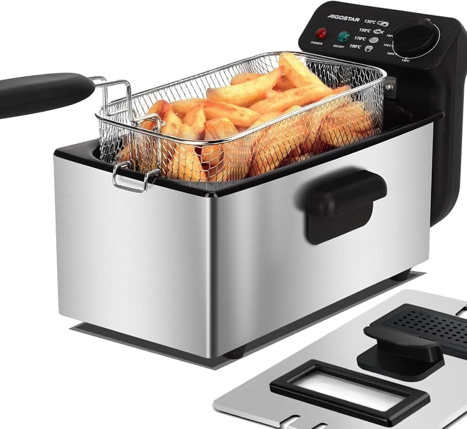 Aigostar Ushas - Fritteuse mit Fett 3L, 2200W mit Sichtfenster, Edelstahl | Herausnehmbare Innenpfanne & Korb, Einstellbarer Thermostat(130°C - 190°C), Friteuse mit Öl, Einfach zu Reinigen, BPA-frei