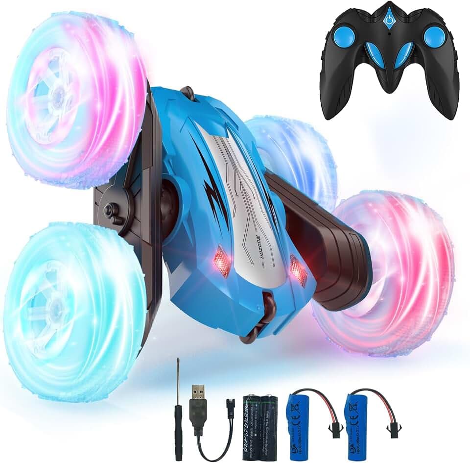 Rodzon Ferngesteuertes Auto für Kinder, 360 °-Rotation, Stunt-LKW mit Radlicht, 2,4 GHz RC Auto, ferngesteuert, Spiele für draußen, Spielzeug, Geschenk für Jungen und Mädchen, 3 – 12 Jahre, 2 x Akku