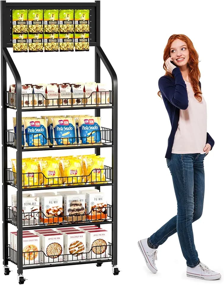 65" 5 Tier Snack Rack Display Stand with Hooks & Wheels, Metal Retail Display Shelf for Chips, Snacks, Candy, Metal Snack Shelf for Store Home Kitchen Store Organizer (50cm-black)