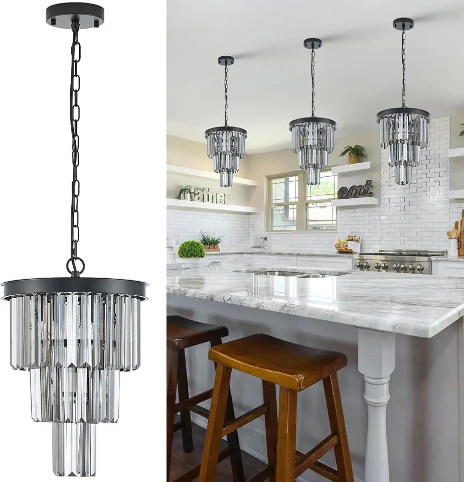 CATINER 12" Smoke Gray Crystal Chandeliers,3 Lights Black Pendant Light
