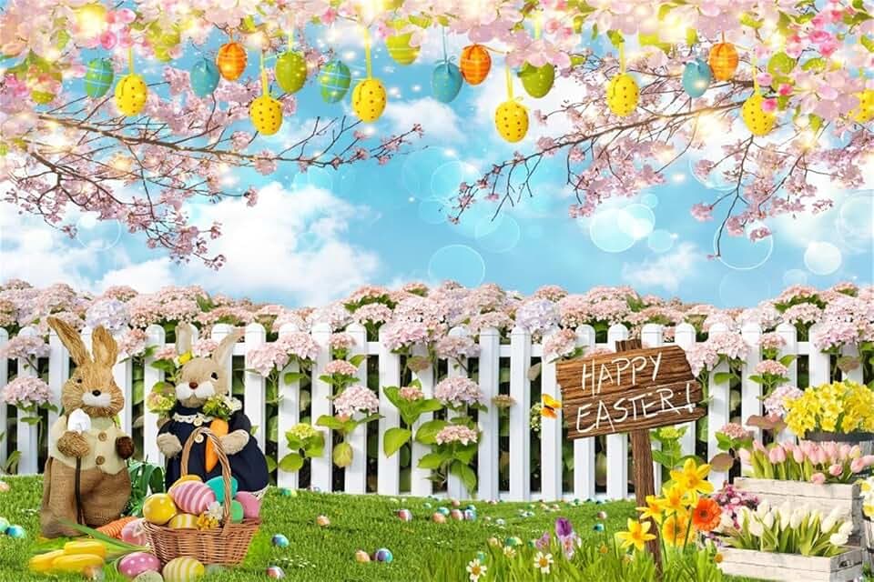 10x8ft Easter Photography Backdrop, Spring Colorful Eggs Rabbit