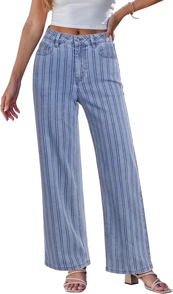 GRAPENT Striped Jeans for Women Trendy High Waisted Wide Leg Dressy Casual Slight Stretch Denim Pants Trouser Jeans