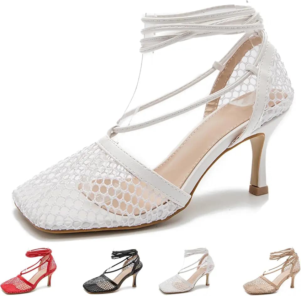 Women's Mesh Square Toe High Heeled Sandals with Ankle Wrap Strap Fashion Fishnet Breathable Lace Up Stiletto Pumps for Summer Party Wedding Date Night Club