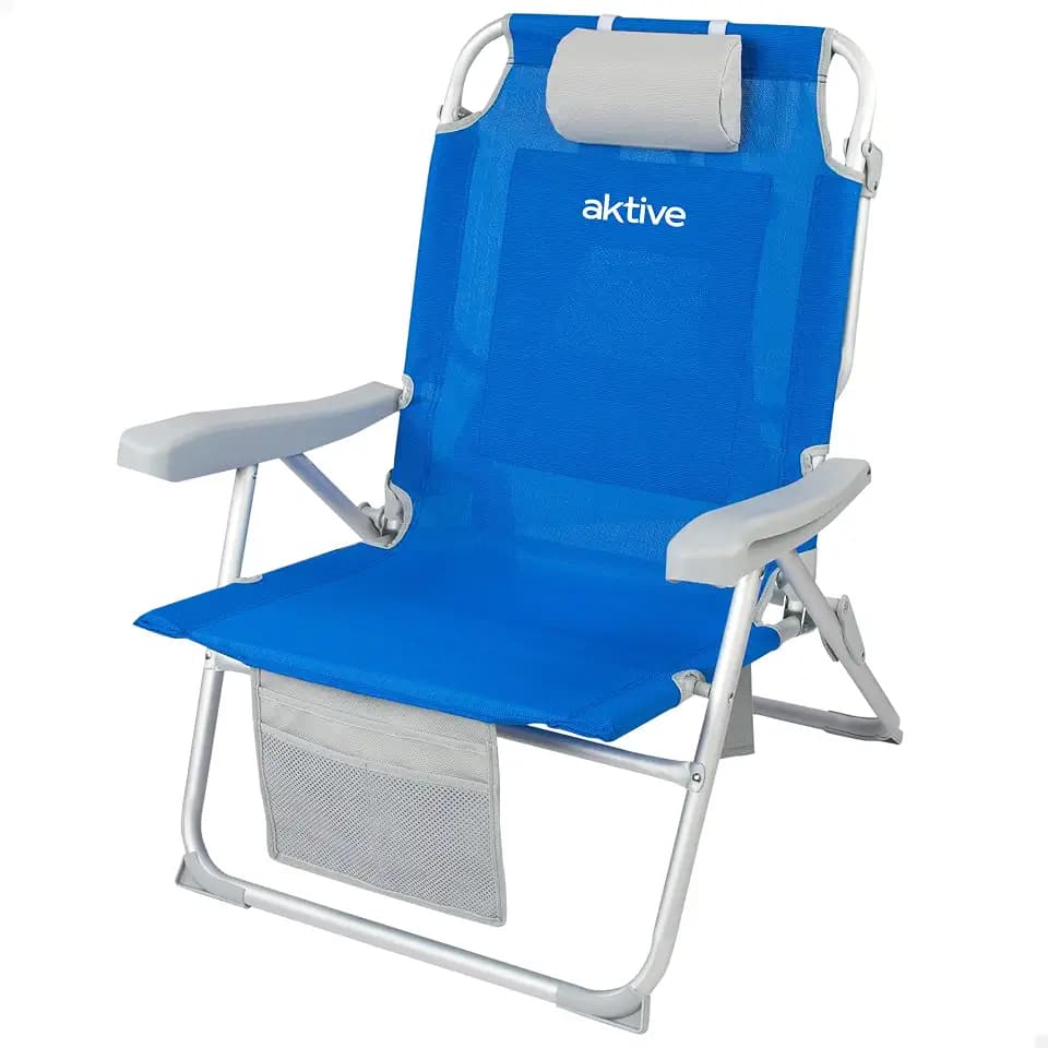 AKTIVE Klapp- und Liege-Strandstuhl mit 5 Positionen, XXL-Sitzfläche und -Höhe, Tragbar und faltbar 55x66x86 cm, Inkl. Kissen, 1 Tasche, 1 Reißverschlusstasche und Kippschutz, Strandstühle (62633)