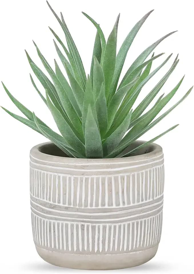 Der Rose 8.5" Fake Succulent Plant in Striped Ceramic Pot for Boho Decor