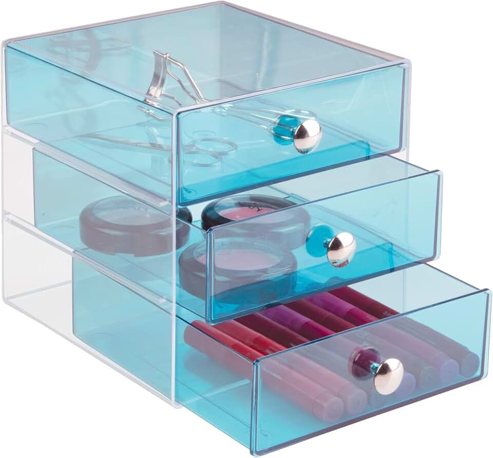 iDesign Drawers Schubladenbox | Schminkbox mit 3 Schubladen zum Sortieren von Make-Up, Schmuck etc. | Schubladen Organizer für Büro- und Bastelbedarf | Kunststoff aqua-blau