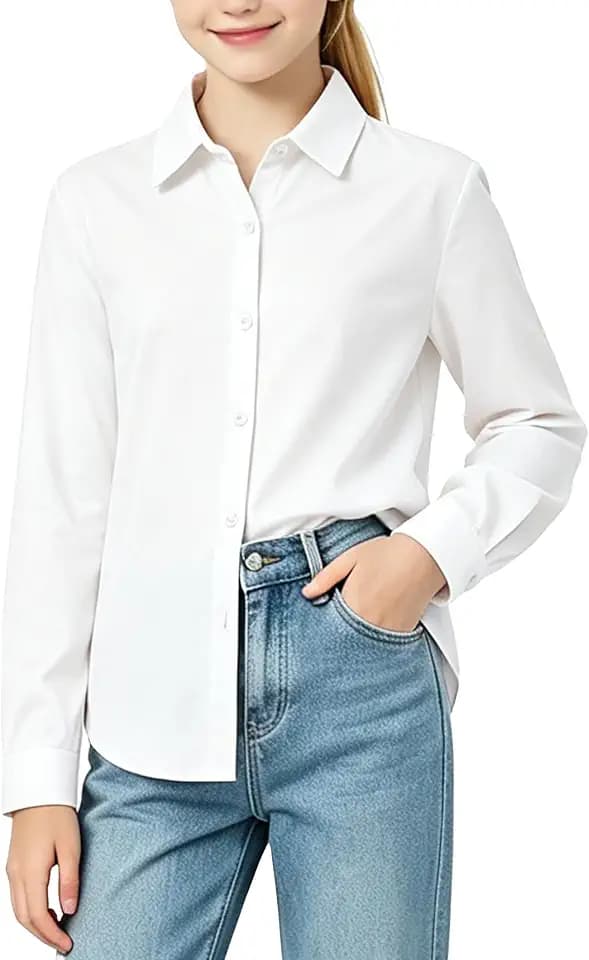 PATPAT Girls Button Down Shirts Cotton Long Sleeve School Uniform 7-16Y