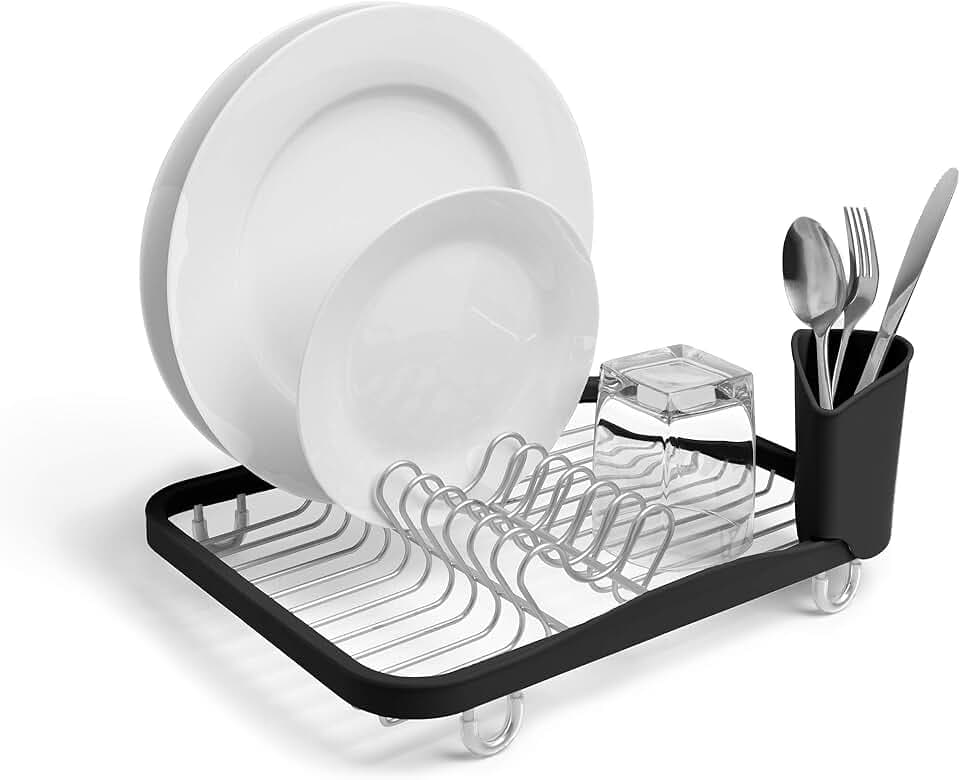 Umbra Sinkin Dish Drying Rack, in Sink or Countertop Drainer, Black/Nickel