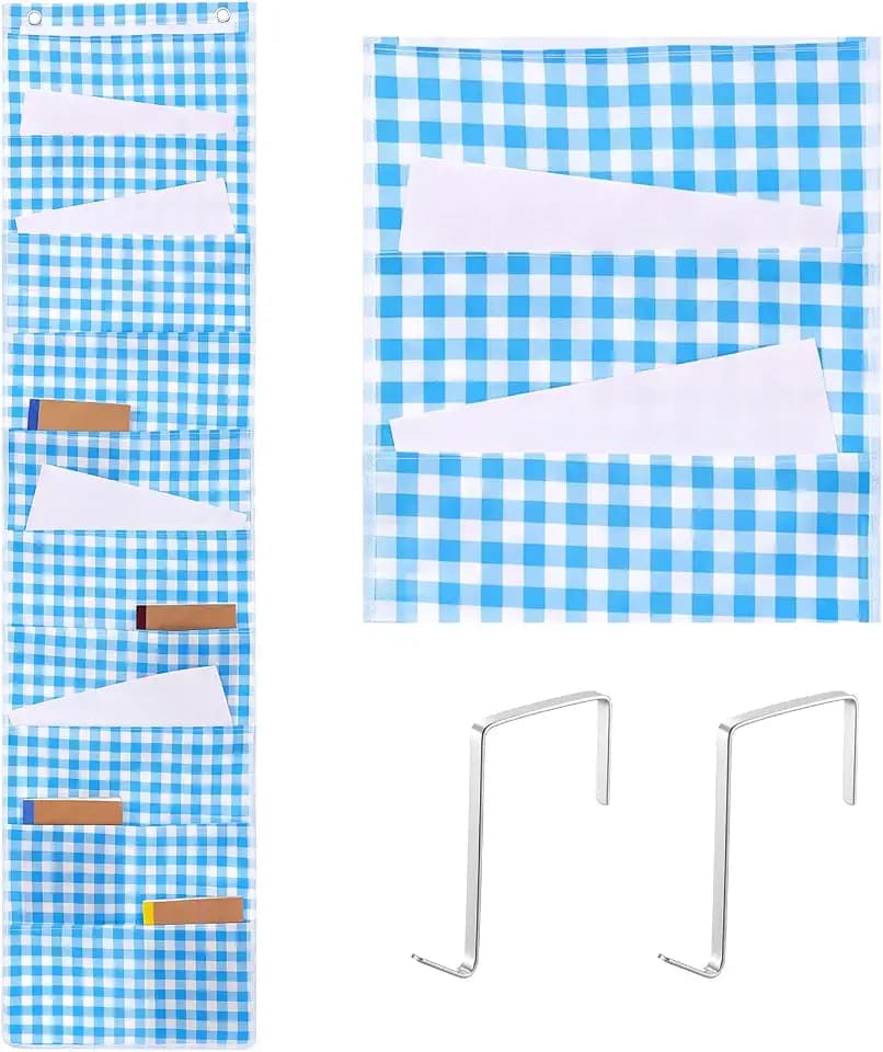 MotiMind 10 Blue Plaid Pockets Wall Hanging File Folders File Storage Pocket Chart for Classroom Hanging Wall Organizer with 2 Over The Door Hangers, 58" x 14" for School Classroom Office Home