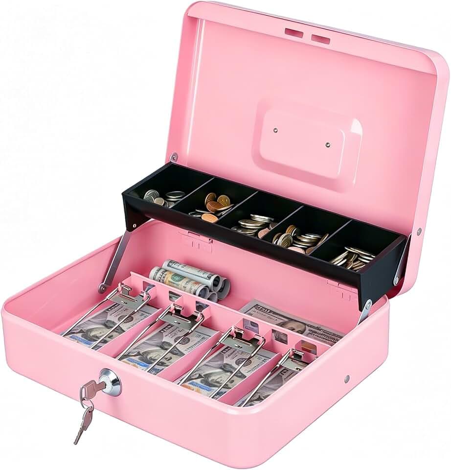 KYODOLED Locking Cash Box with Lock, Money Box with Cash Tray,Lock Safe Box with Key, Money Saving Organizer, 11.81Lx 9.45Wx 3.54H Inches, Pink XL Large
