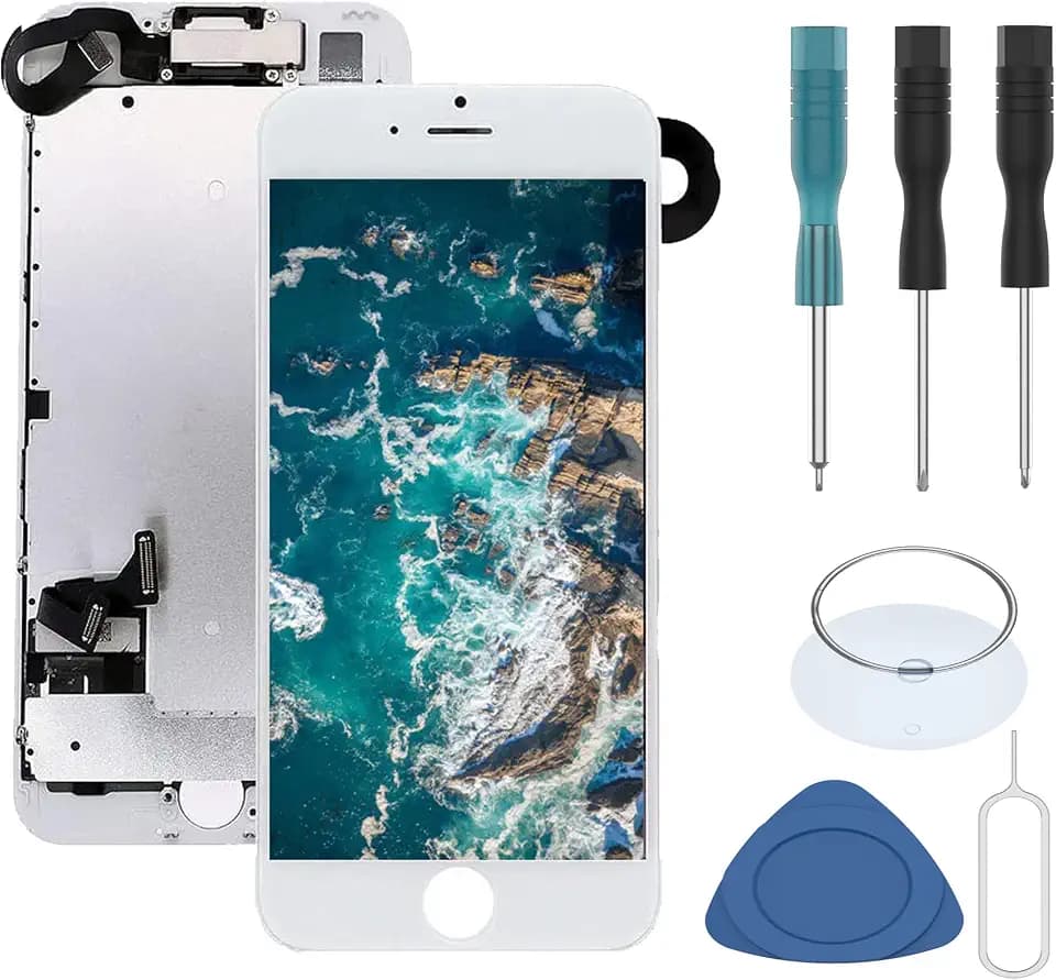 White for iPhone 7 Plus 5.5 Inch LCD Touch Screen Display Digitizer Glass Assembly Replacement with Front Facing Camera Proximity Sensor Ear Speaker and Full Repair Tools