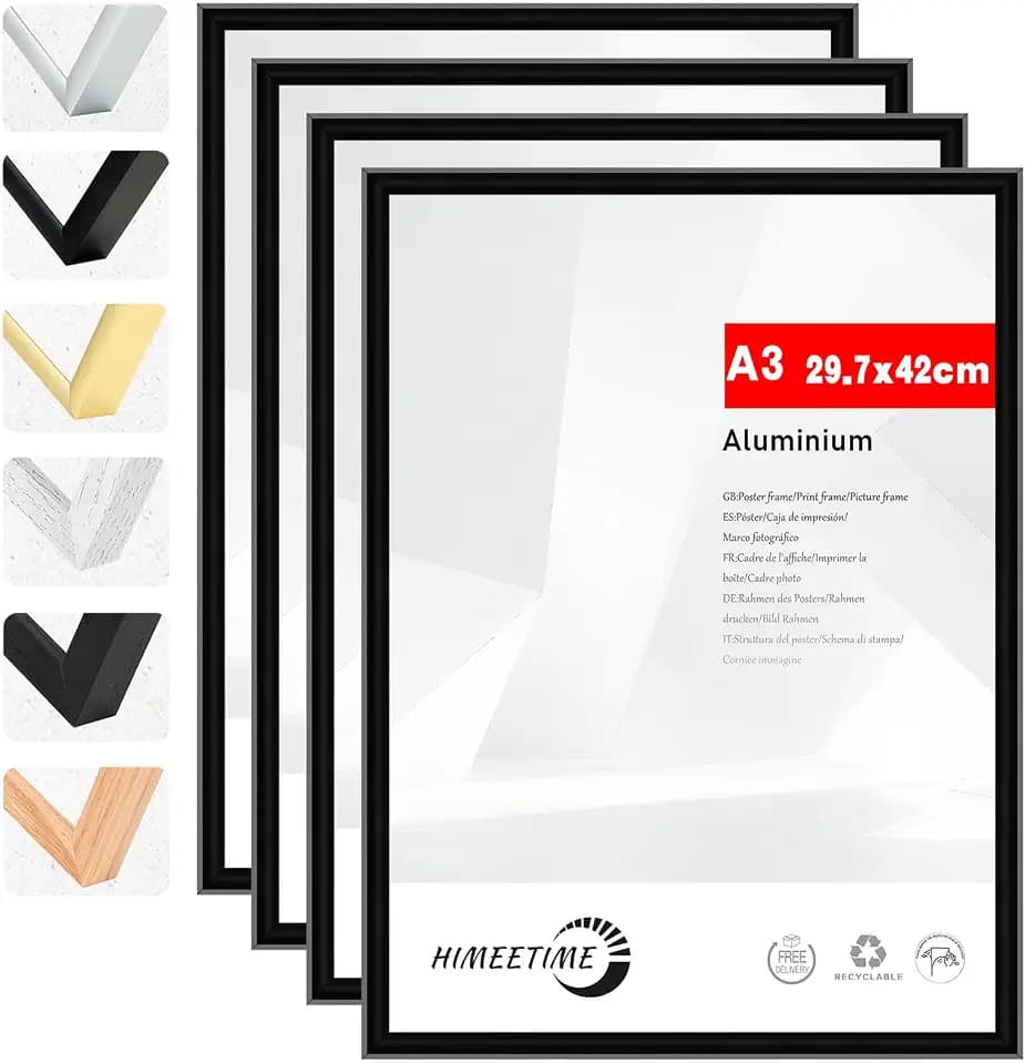 HIMEETIME® 4x Bilderrahmen A3 30x42 cm Schwarz Metall Rahmen,Dokumentenrahmen 29,7x42 cm Groß Collage,Metallrahmen Alu-Bilderrahmen Aluminium,Picture Frame A3 Fotorahmen
