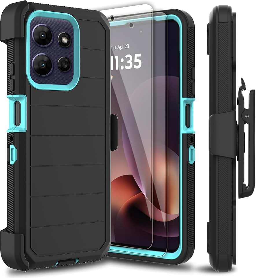 for Moto G Power 2026 Case: for Moto G Power 2025 Case with 2 Pack Tempered Glass Screen Protector, [Belt Clip Holster Series] Kickstand Heavy Duty Protection Phone Cover (Black/Blue Green)