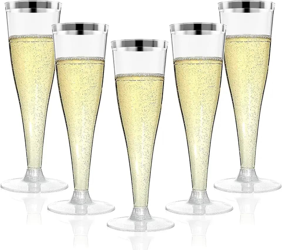 Champagne Flutes Plastic Wine Glasses Disposable 4.5 OZ, 20 Pack Sliver Rim Mimosa Glasses for 2026 Engagement Wedding Birthday Back-to-School Party Supplies, Bulk Cocktail Toasting Cups