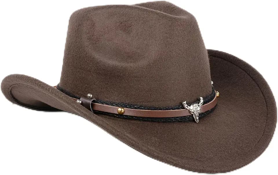 Aegistus Cowboyhut für Damen und Herren, Kunstpelz-Filz-Cowgirl-Hüte, Outdoor-Hut mit breiter Krempe und Riemen, Braun