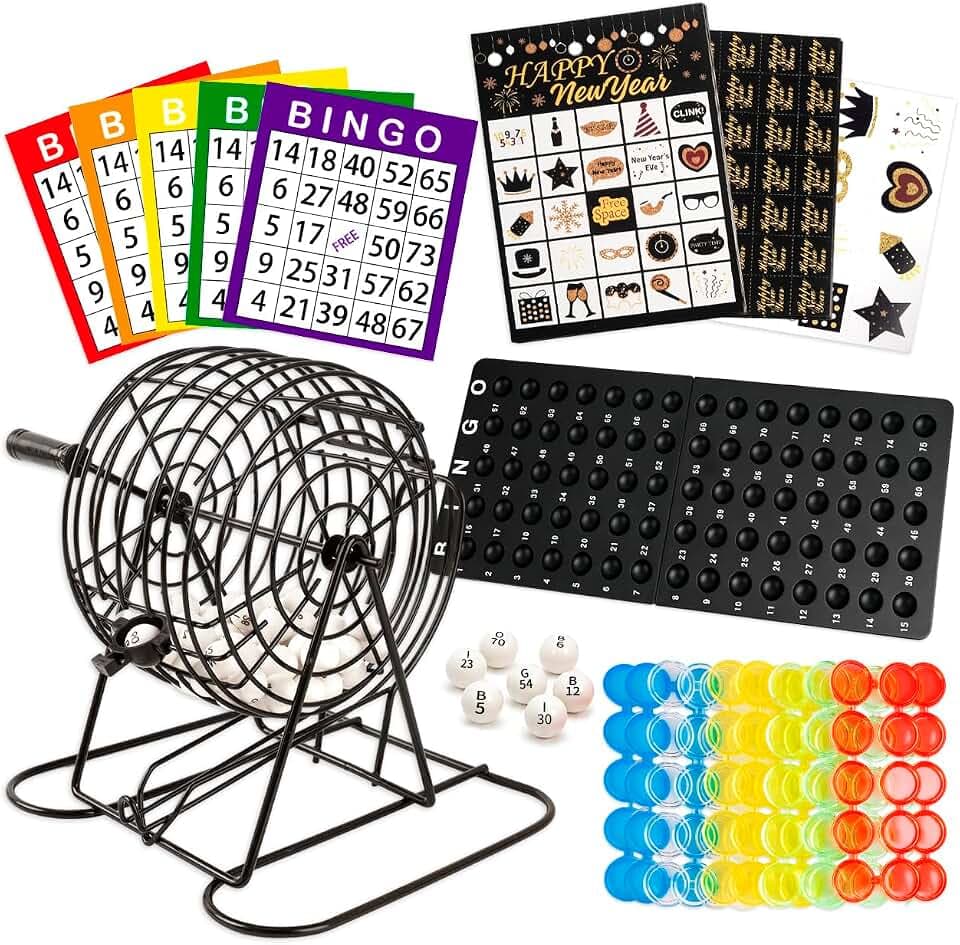 Bingo Spiel, Metalltrommel, 75 Bingo Kugeln, 50 Farbig Karten, 125 Chips, 39 Silvester Bingo Karten, Lustiges Gesellschaftsspiel für Familie, Erwachsene & Senioren