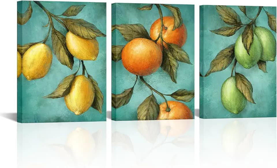 RyounoArt Fruit Kitchen Wall Decor Lemon Orange Canvas Art Painting for Dining Room Restaurant Decoration Teal and Yellow Pictures Prints Framed