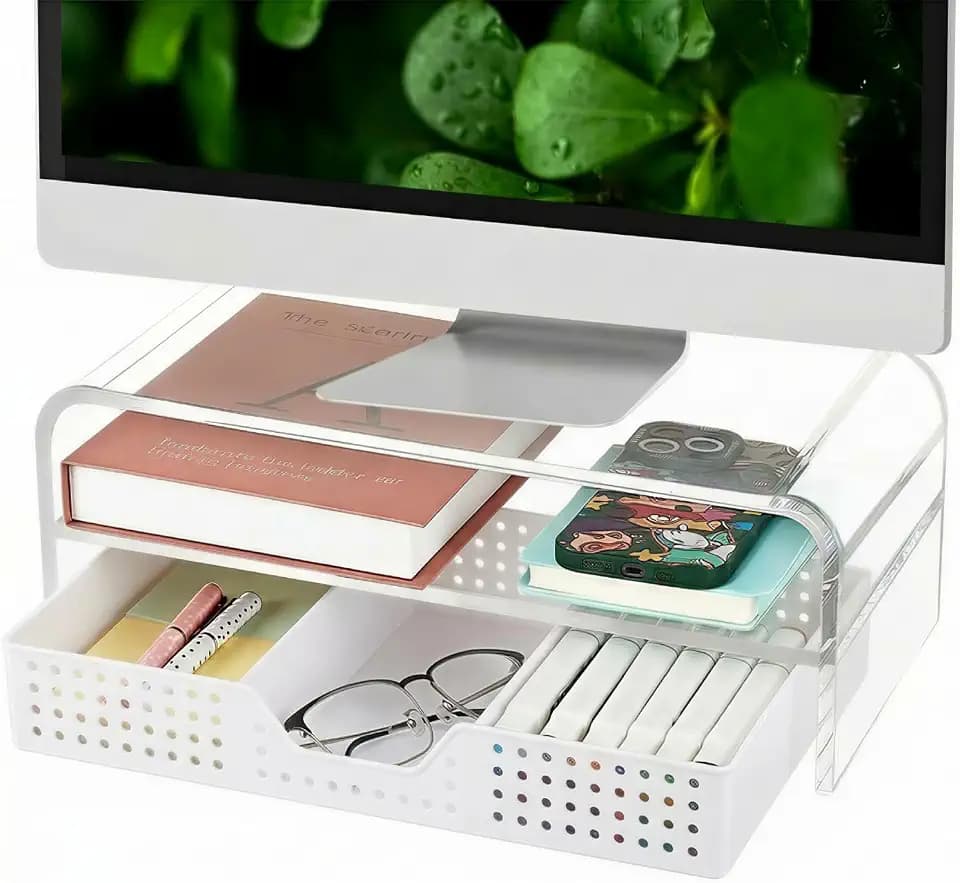 OPNICE Desk Organizer and Accessories, 2-Tier Computer Monitor Stand Riser with Drawer and 2 Pen Holders, Laptop Stand, Office Desk Accessories for Office Supplies, Transparent